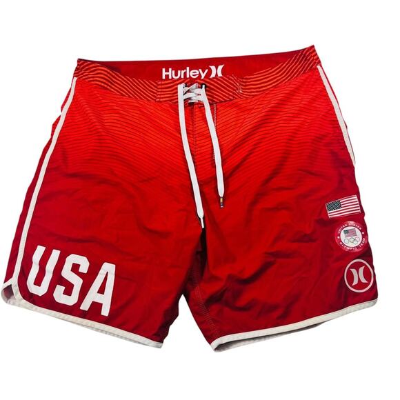 Hurley Phantom USA Olympic Board Shorts Red Gradient Striped Swim Trunks Size 32 - Picture 1 of 8